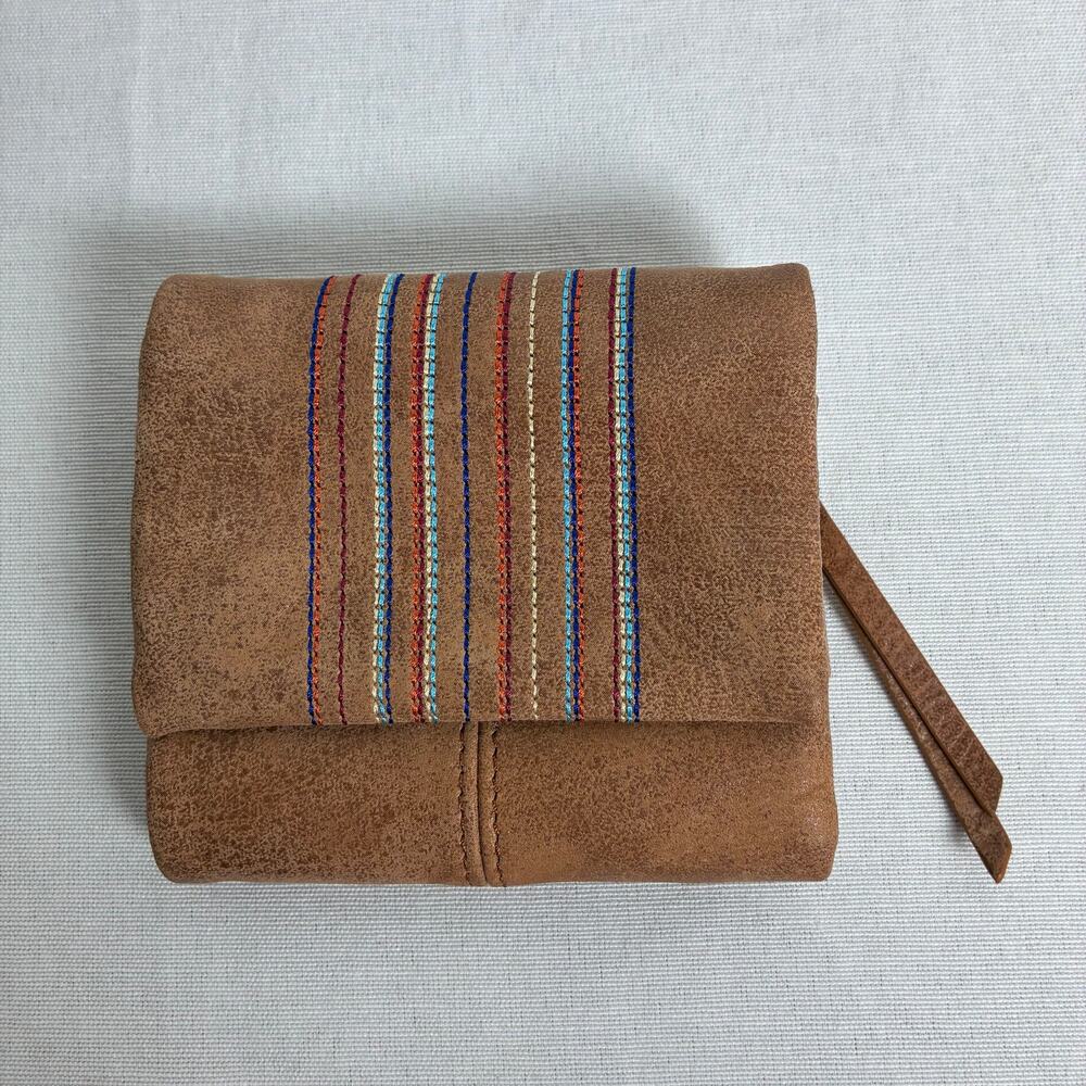 HOBO Distressed Leather Trifold Wallet Striped Stitching Brown Tan Boho Compact